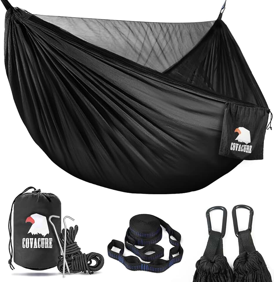 Covacure Camping Hammock, 772 lbs Capacity Double Hammock - Black | Lightweight Hammocks with Tree Straps &amp; Carry Bag, Durable Parachute Nylon, Portable for Hiking, Backyard, Travel, Beach