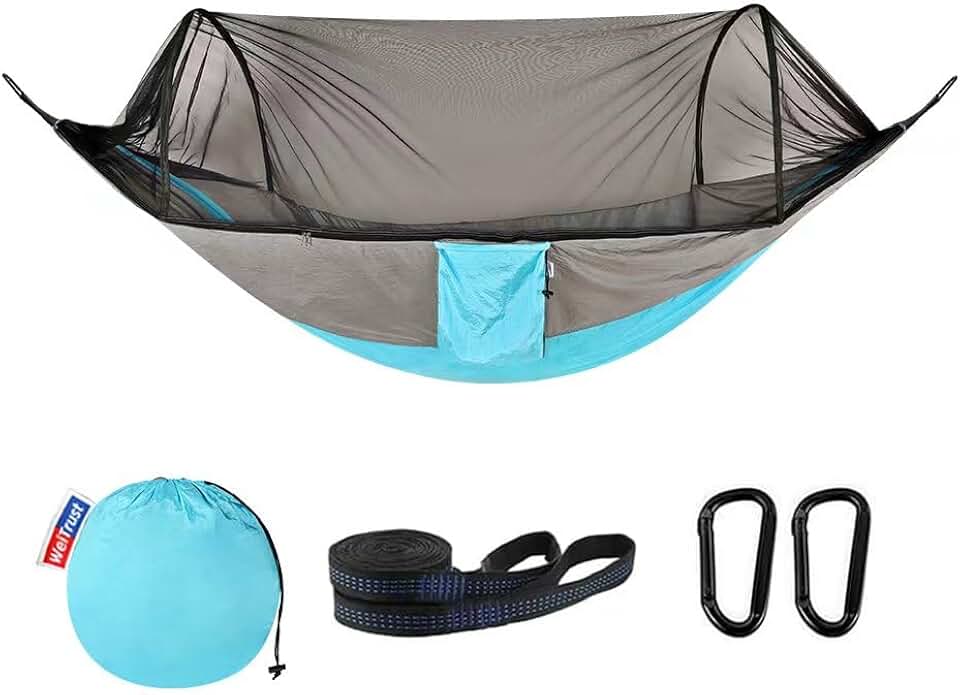 Camping Hammock with Mosquito Net - Double &amp; Single Portable Hammocks with 2 Tree Straps, Lightweight Hammock Tent for Outdoor Camping, Hiking, Backpacking, Beach &amp; Backyard (Blue)