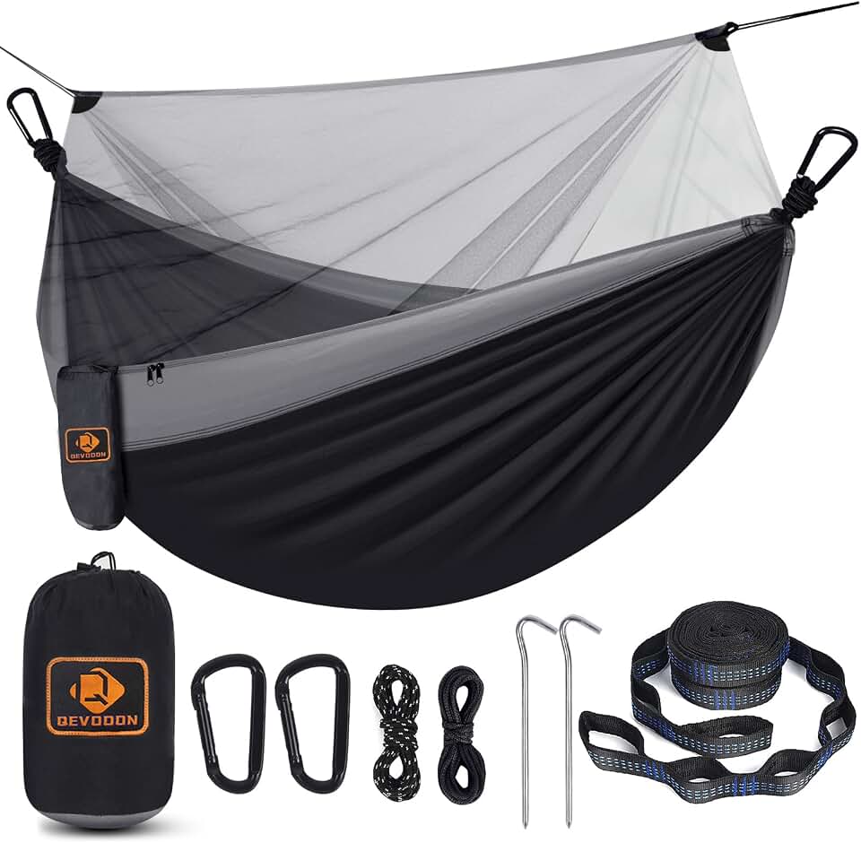 Camping Hammock with Net,Portable Lightweight Double Hammocks with Tree Straps and Solid D-Shape Hanging Hooks,Parachute Nylon Hammock for Backpacking Beach Backyard Patio Hiking