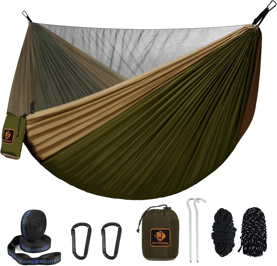 Camping Hammock, Portable Hammocks with Mosquito Net,Lightweight Nylon Parachute Hammock with 10ft Tree Straps,Camping Gear Must Haves for Travel Hiking Backpacking Beach Patio-Green&amp;Khaki