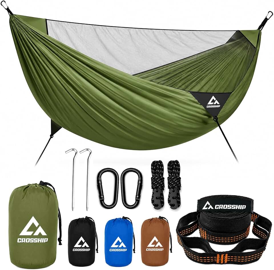 Camping Hammock with Mosquito Net - 500lbs Portable Hammock | Portable, 2-in-1 Backpacking Hammock, with Tree Straps, Guylines &amp; Stake, for Hiking, Travel &amp; Backyard, Forest Green