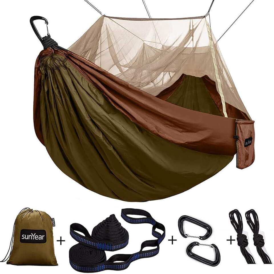 Sunyear Camping Hammock, Portable Single &amp; Double Hammock with Net, 2 Person Hammock Tent with 2 * 10ft Straps, Best for Outdoor Hiking Survival Travel Global Recycled Standard