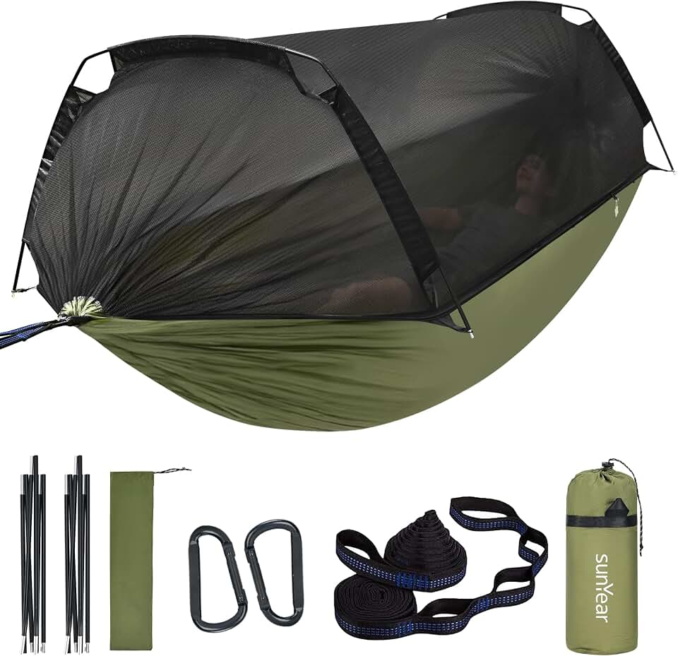 Sunyear Camping Hammock Tent - Portable Hammocks with Mosquito Net (Single/Double, 500lbs Capacity) - Spacious &amp; Anti-Rollover Design with 2 Tree Straps for Hiking, Backpacking, Indoor/Outdoor Use Global Recycled Standard