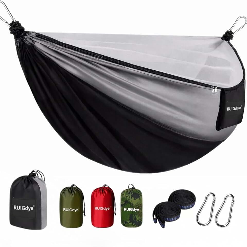 Camping Hammock with Mosquito Net, 650 lbs Portable Hammock with Tree Straps, Parachute Nylon Hammock, 2-in-1 Double/Single Travel Hammock Tent for Outside、Indoor、Backpacking、Beach - Black &amp; Grey