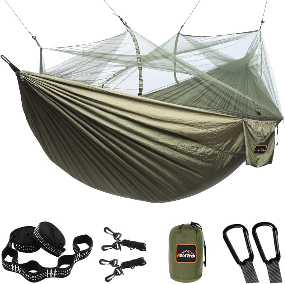 AnorTrek Camping Hammock with Mosquito Net, Double &amp; Single Lightweight Portable Hammocks with Tree Straps, Parachute Hammock for Camping, Backpacking