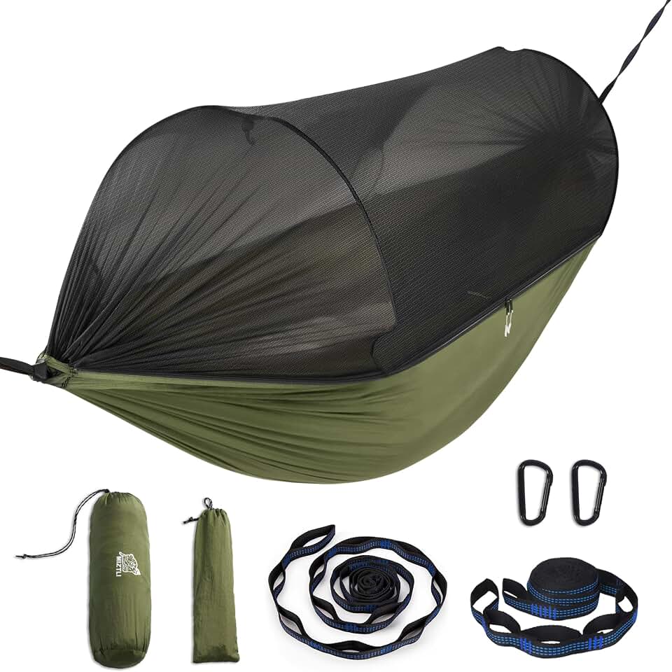 Miztli Camping Hammock Portable Tent-Like Hammock with Net 1/2 Person | Easy Setup Outdoor Hammock, 500/600 lbs, Tent-Like No-See-Um Net, 2×10 ft (20+2 loops) Tree Straps