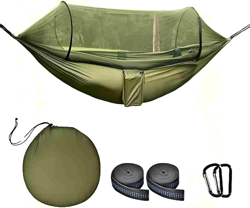 Camping Hammock with Mosquito Net, Lightweight Portable Double &amp; Single Hammock Tent with 2 Tree Straps, Parachute Nylon Hammock for Outdoor Backpacking Beach Backyard Patio Hiking, Arm Green
