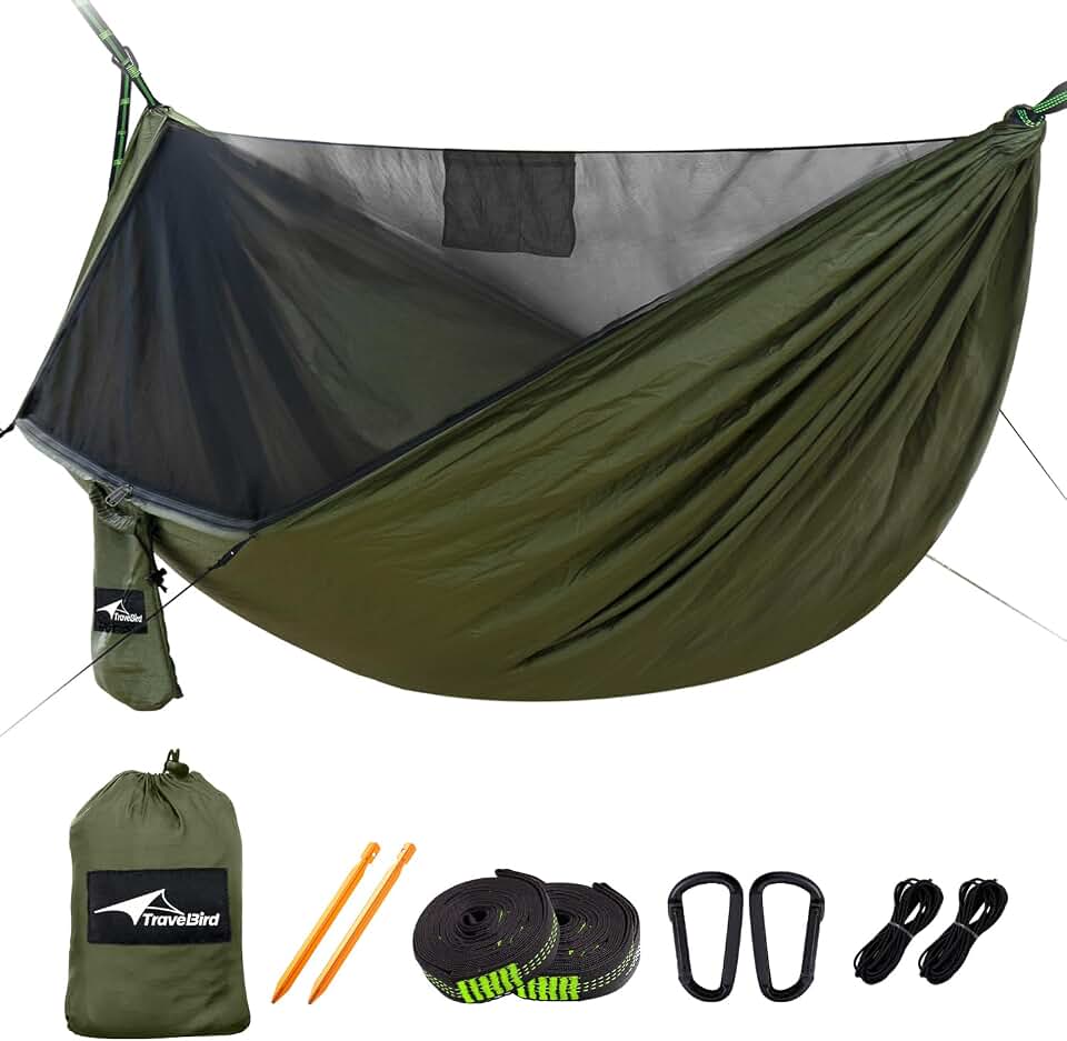 Camping Hammock with Mosquito Net and Ridge Rope, 2 Person Extra Large | 114" x 55" Lay-Flat Oval, 440 lb Capacity, 550 lb Stable Ridge Rope, 70D Ripstop Nylon, 1.8 lb, Zip-Open Net