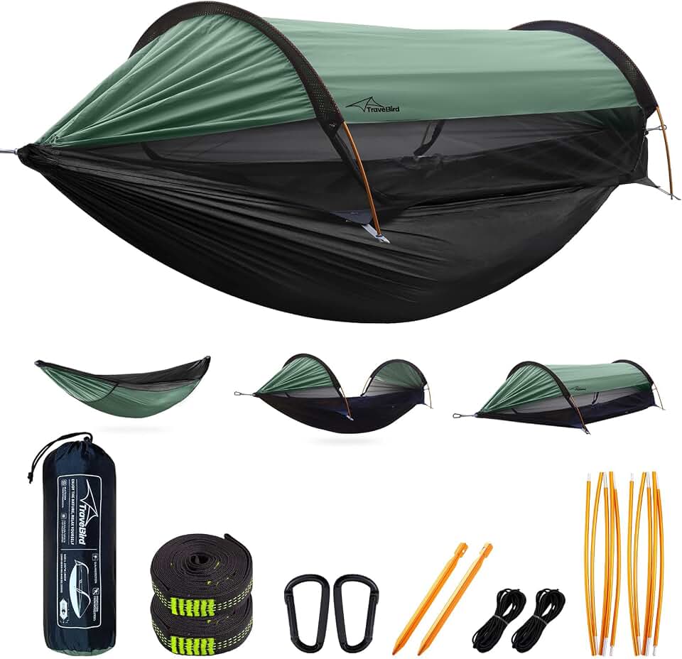 3-in-1 Camping Hammock Tent with Mosquito Net &amp; UV Sunshade | 2-Person Lightweight Hanging Hammock with Tree Straps Aluminum Poles, Converts to Ground Bivvy for Backpacking Hiking Travel