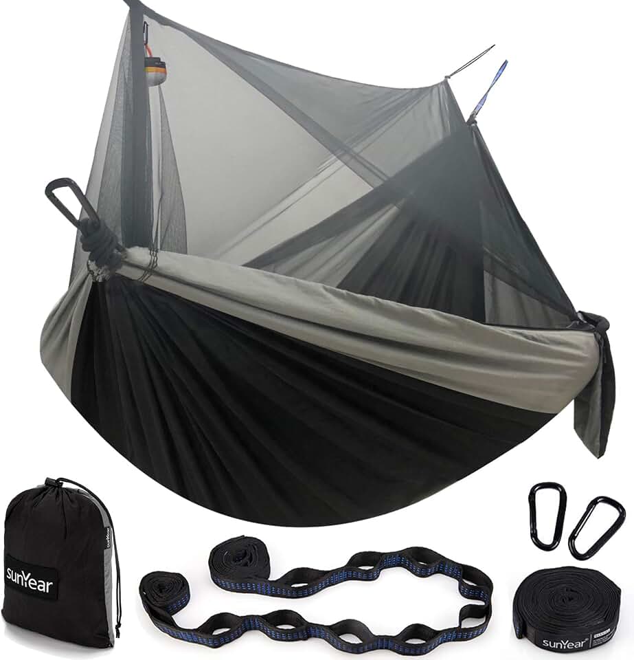 Sunyear Hammock Camping with Net/Netting, Portable Camping Hammock Double Tree Hammock Outdoor Indoor Backpacking Travel &amp; Survival, 2 Tree Straps (16+1 Loops Each, 20Ft Total) Global Recycled Standard