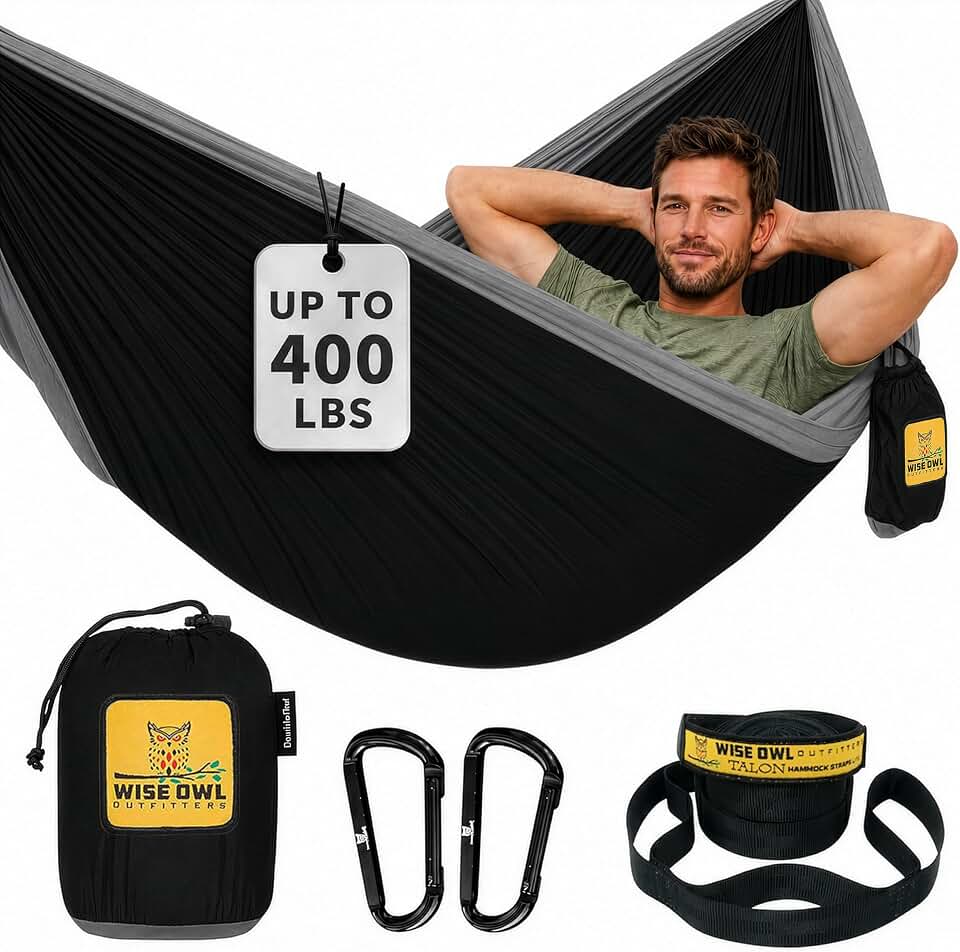 Wise Owl Outfitters Hammock for Camping Single Hammocks Gear for The Outdoors Backpacking Survival or Travel - Portable Lightweight Parachute Nylon SO Black &amp; Grey