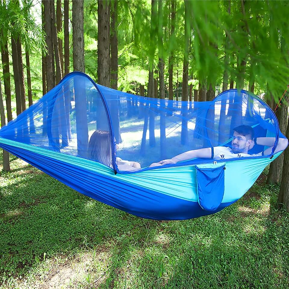 LFL Camping Hammock with Mosquito Net Outdoor Hammock with Bug Net | 13ft Tree Straps Carabiners, Automatic Quick Open Portable Travel Hammock with Net Hiking, Nylon Material, 8.2ft Blue