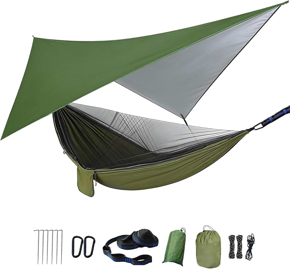 Camping Hammock with Rain Fly Tarp Mosquito Net Heavy Duty Tree Straps Portable Double Parachute Hammocks Tent Waterproof Rainfly Set