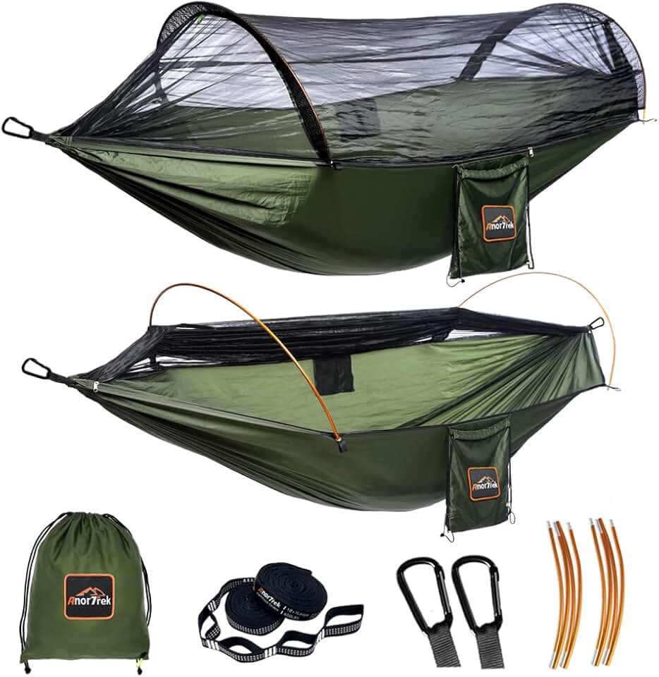 AnorTrek Professional Camping Hammock with Mosquito Net, Lightweight Portable Double Hammock with Two 10 FT Hammock Tree Straps, 230T Nylon Hammock for Camping, Hiking, Yard, Backpacking