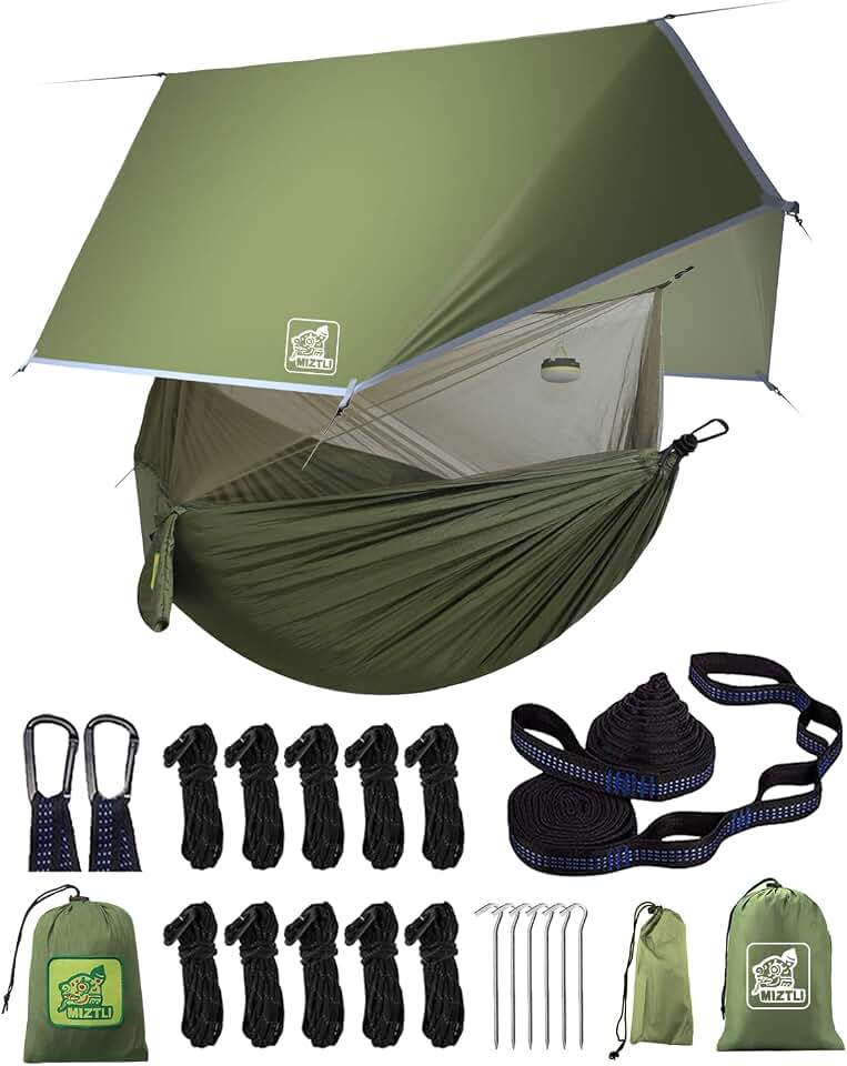 Miztli Camping Hammock with Net and Rain Fly, Portable Lightweight Outdoor Hammock Tree Travel Backpacking Hammock Tent with 20Ft(Total) Tree Straps, Perfect for Camping Hiking Yard Adventure Survival