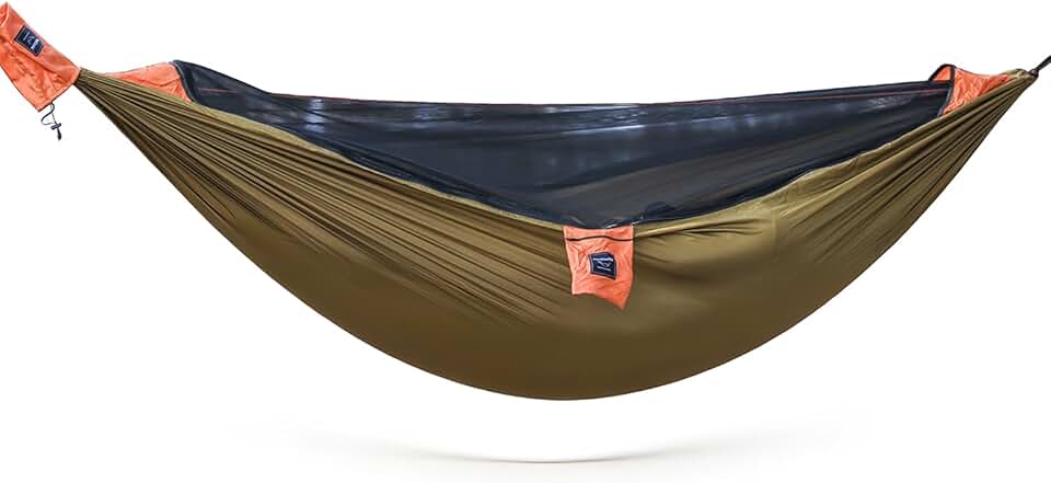 Camping Hammock with Integrated Mosquito Net, Ultralight Backpacking Hammock with Tree Straps &amp; End-Aligned Stuff Sack, 210T Parachute Nylon Single Outdoor Portable Hammock-Olive Green &amp; Orange