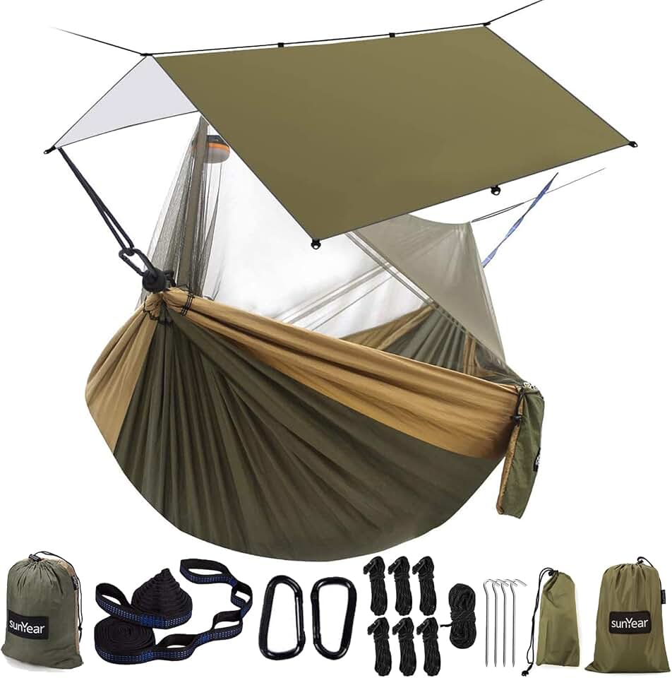 Sunyear Hammock Camping with Rain Fly Tarp and Net, Portable Camping Hammock Double Tree Hammock Outdoor Indoor Backpacking Travel &amp; Survival, 2 Tree Straps,100% Waterproof Green Bundle Global Recycled Standard