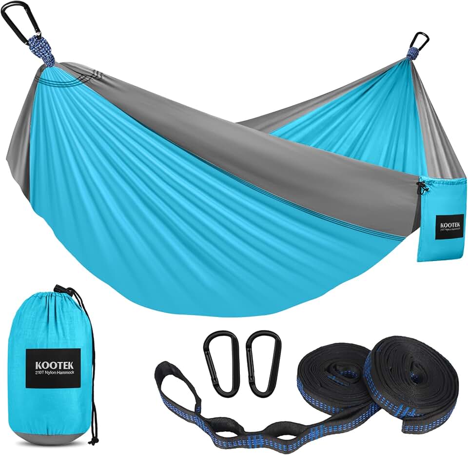 Kootek Camping Hammock 400lbs Capacity Outdoor Camping Essentials, Single | Outside&amp;Indoors, Tree‑Safe Straps, Included Carry Bag, 210T Parachute Nylon, Heavy‑Duty Carabiners, Lightweight &amp; Quick Setup