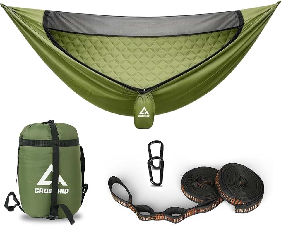 Camping Hammock with Mosquito Net with Built-in Underquilt - Built-in Quilt for Lightweight Soft Warm 4 Seasons, Great for Hiking Backpacking Camping Travel(Hold Up to 500lbs) - Olive Green