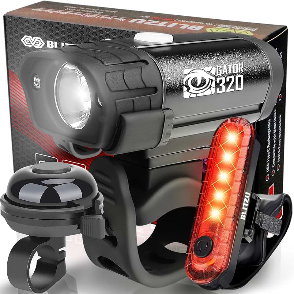 USB Rechargeable Bike Lights Set with Bell, LED Bicycle Front Rear Light | BLITZU Gator 320, Super Bright Visibility, 5+4 Modes, Waterproof, Long Runtime for Night Cycling Safety, Fast Charging