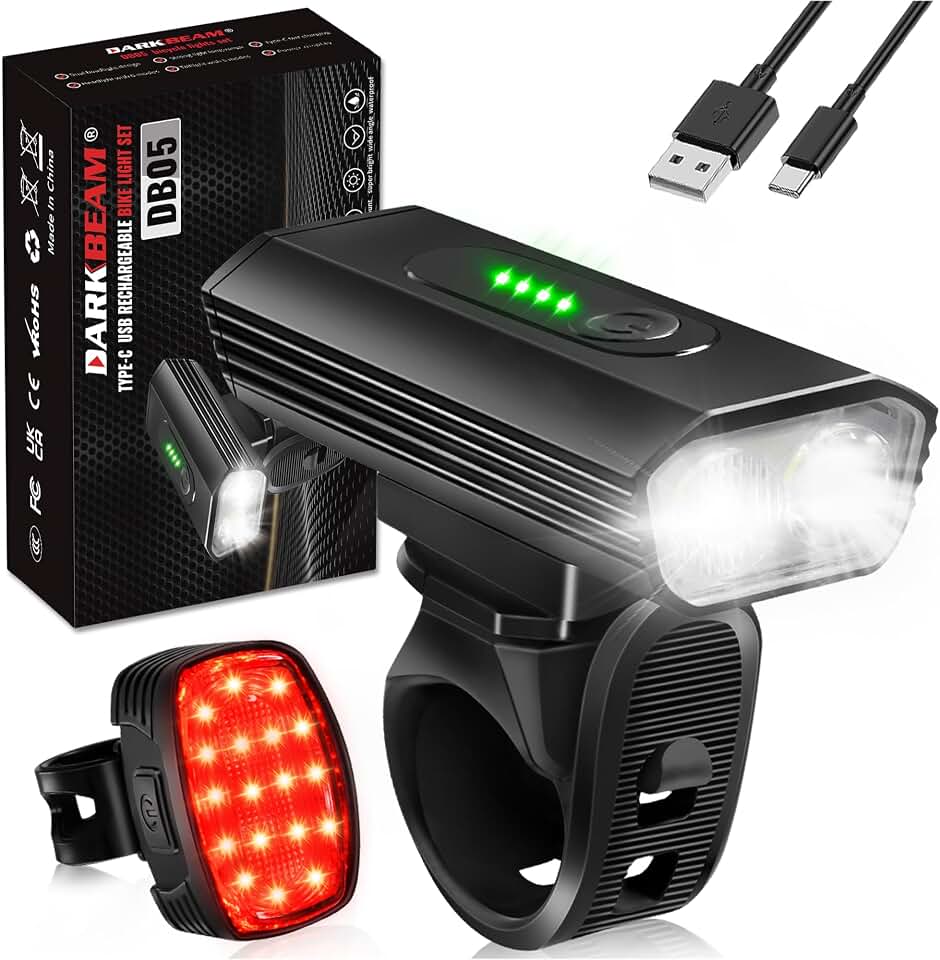 DARKBEAM Bike Headlight Rechargeable USB-C, Bicycle Lights 4000LM | Ultra Bright, Mountain Bike Light Set for Night Riding, 6+5 Mode Waterproof Front Bike Light &amp; Rear Light for Road, Cycling