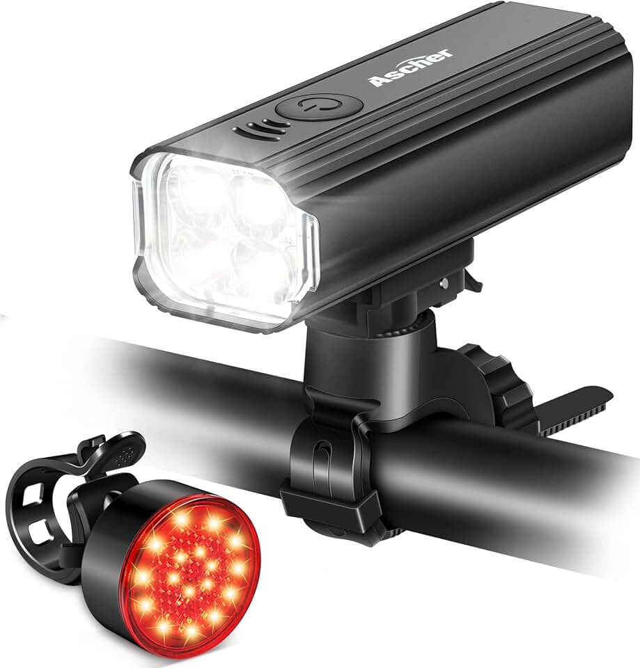 Ascher 1000 Lumens Super Bright Bike Lights for Night Riding, Type-C USB Rechargeable Bike Light Front and Back, 4 Light Modes, Waterproof Bicycle Headlight &amp; Rear Taillight for Road Commuter Cycling