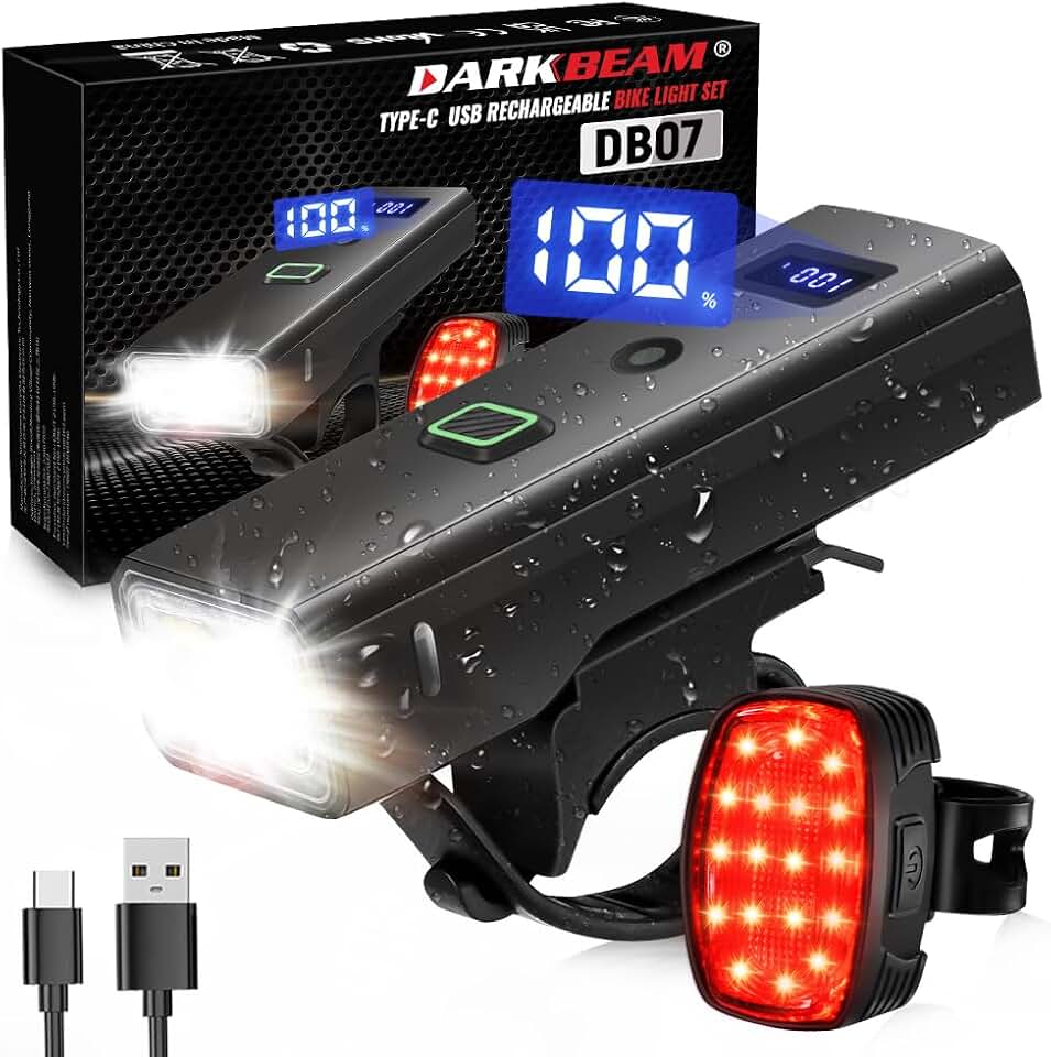 DARKBEAM Bike Lights for Night Riding USB-C Bicycle Lights Set 4+5 Modes | Super Bright Bike Headlight and Back Tail Light, Waterproof Easy to Install for Men Women Kids Road Mountain Cycling