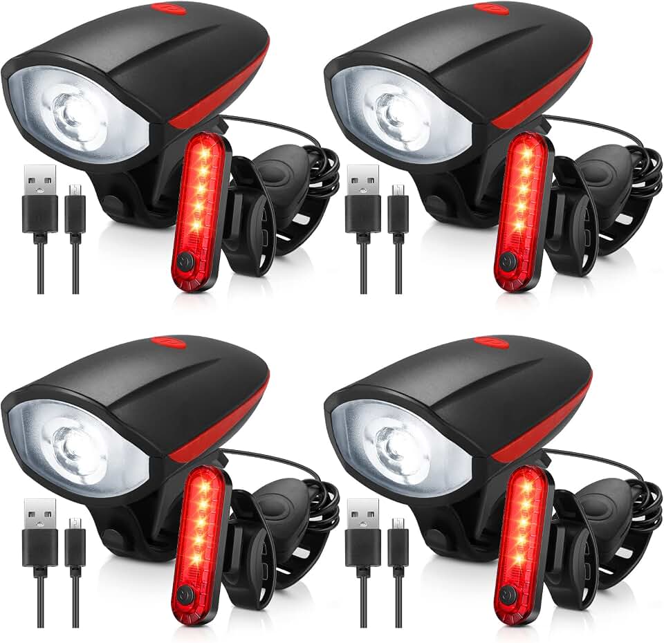 Hanaive 4 Sets Bike Lights for Night Riding with Horn USB Rechargeable LED Bicycle Front 3+4 Modes Headlight Taillight Set Bright Waterproof Accessories for Men Women Road Mountain Bike