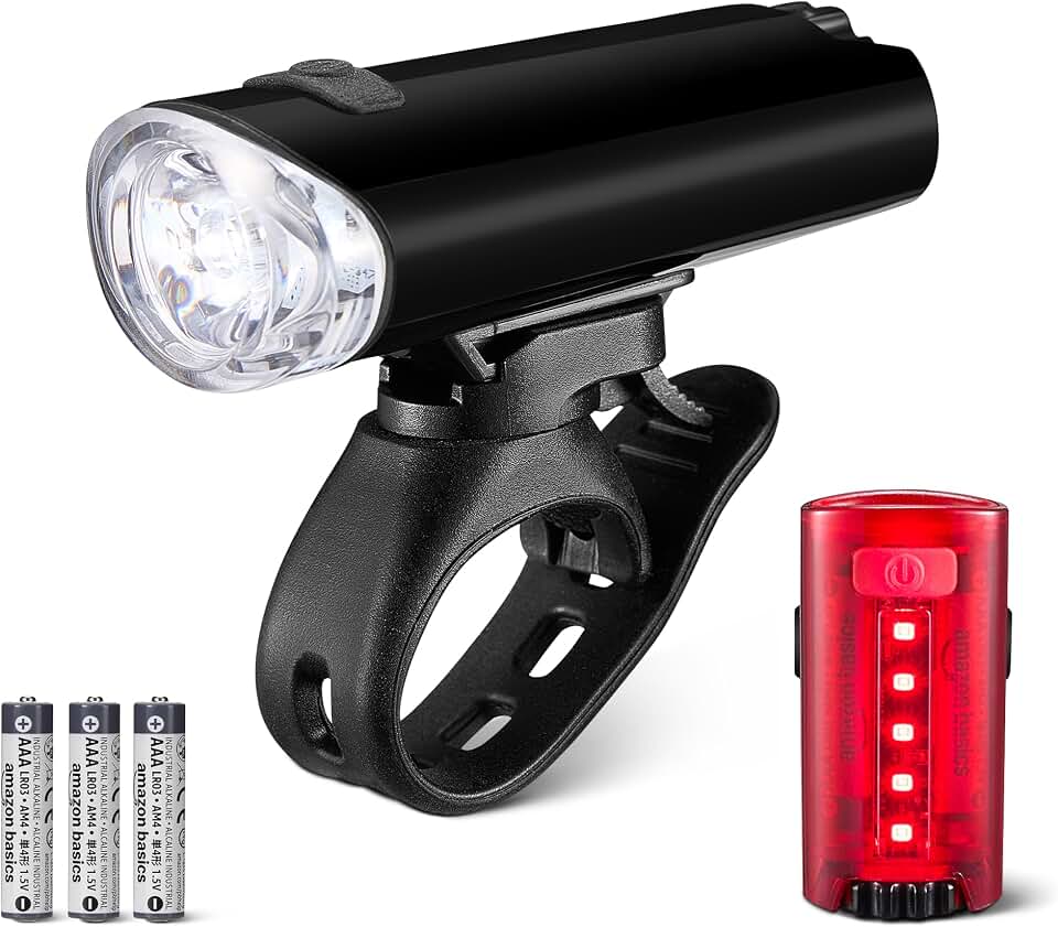 Amazon Basics Bike Lights for Day/Night Riding, Bicycle Lights Front and Back, Headlight Black, Taillight Red, Three Lighting Modes, Versatile Mounting Options