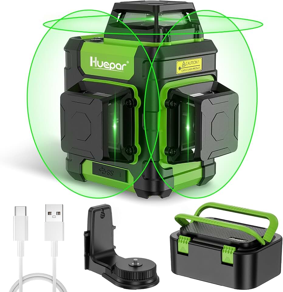 Huepar Laser Level 360 Self Leveling, Rechargeable Green Laser 3x360° Cross Line Lazer Leveler 3D Level Laser Tool for Construction and Picture Hanging, Strong Magnetic Bracket&amp;Hard Carry Case -HM03CG Global Recycled Standard