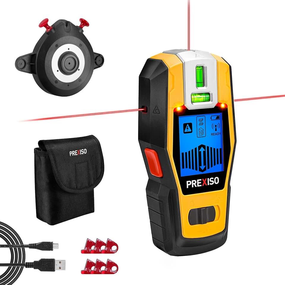 PREXISO 2-in-1 Stud Finder with Laser Level, Rechargeable Cross Line Laser | Multi Surface Lazer Leveler Wall Stud Scanners Tool for Hanging Frame &amp; Picture, Wood Ac Wire Metal Stud Joist Pipe Detection