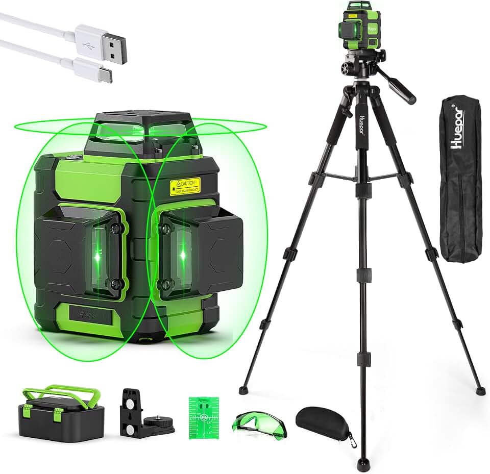 Huepar Laser Level 360 with Tall Tripod Self Leveling Rechargeable HM03CGT | 50" Tripod, 8‑hour Battery Life, USB‑C Charging, For Construction and Hanging Picture, Pluse Mode, Hard Carry Case, Glasses Global Recycled Standard