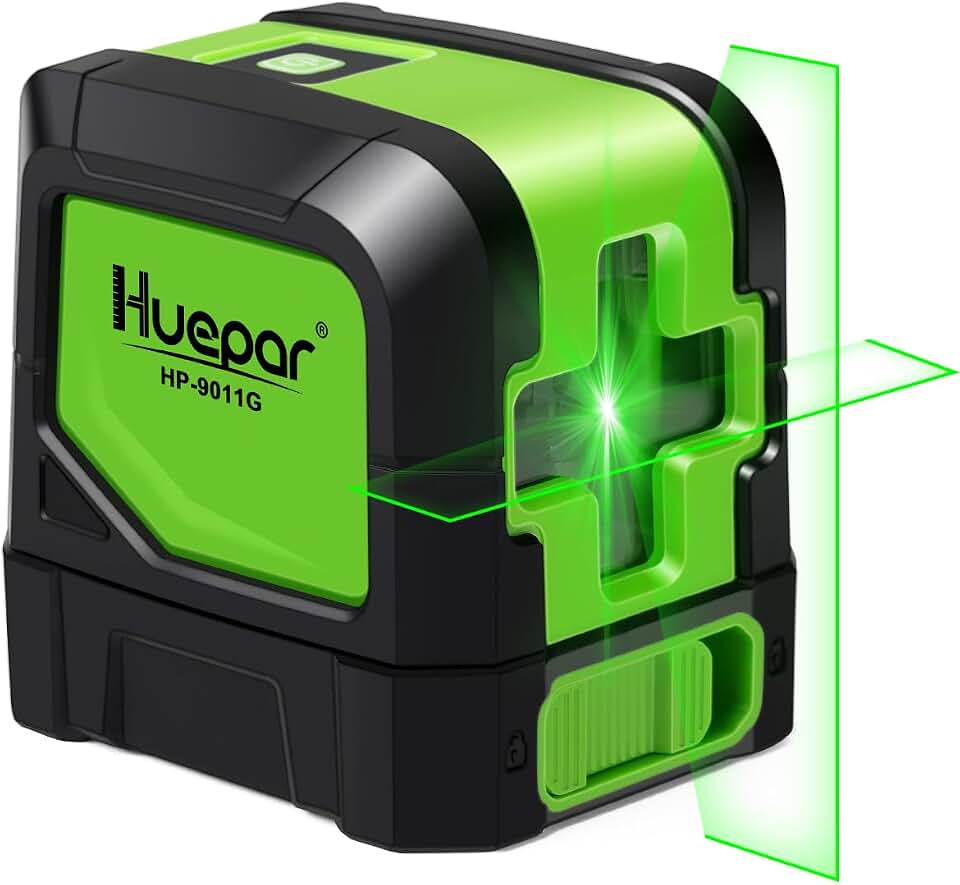 Huepar Laser Level, 100Ft Self Leveling Green Cross Line Laser | Indoor Use for Picture Hanging, Tile, Decoration &amp; DIY Construction – 360° Magnetic Base &amp; AA Battery Global Recycled Standard