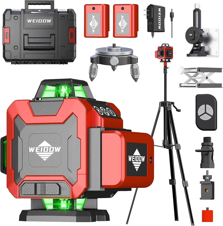 weiddw Laser Level Kit, Plastic &amp; Aluminum, Tripod, Dual Battery, Long Life