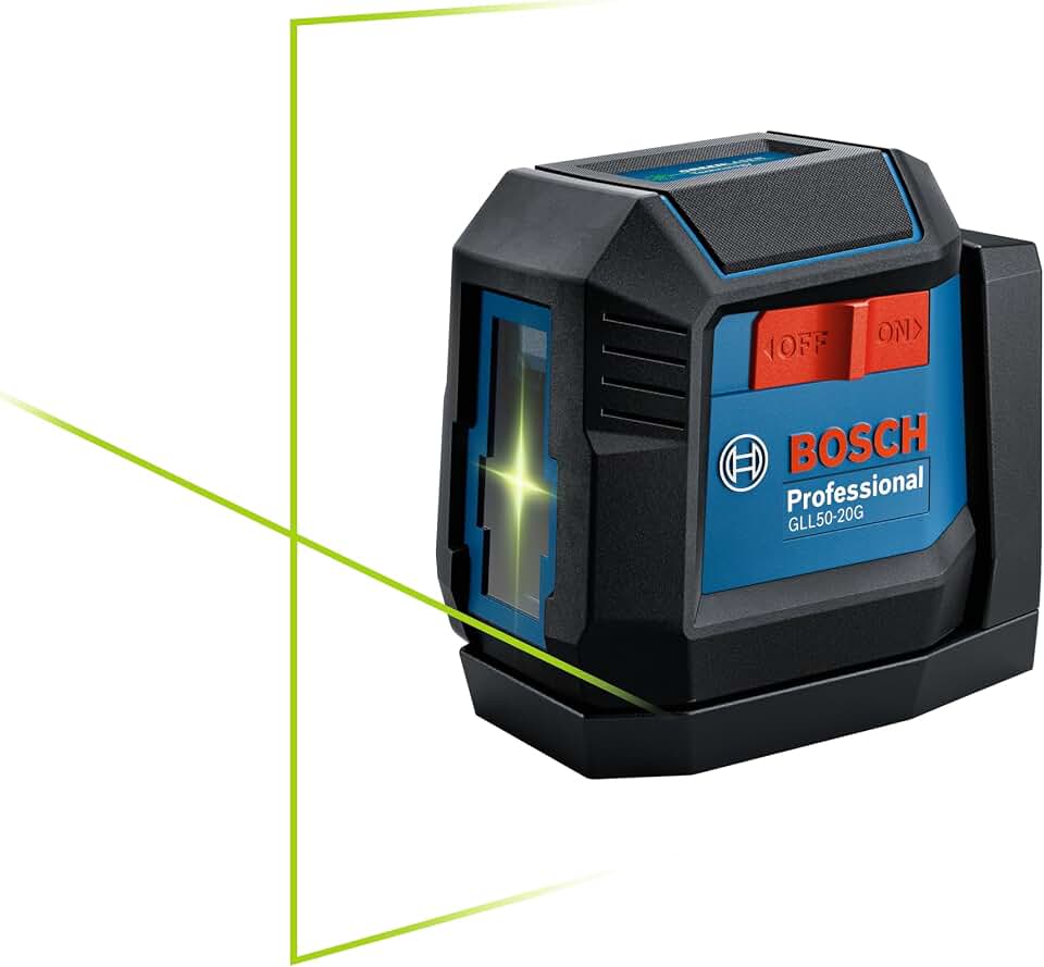 BOSCH GLL50-20G 50 Ft Green-Beam Self-Leveling Cross-Line Laser Level | laser measuring tool accuracy, self-leveling, IP55 durable, includes integrated magnetic mount, 2 AA Batteries &amp; Soft Pouch