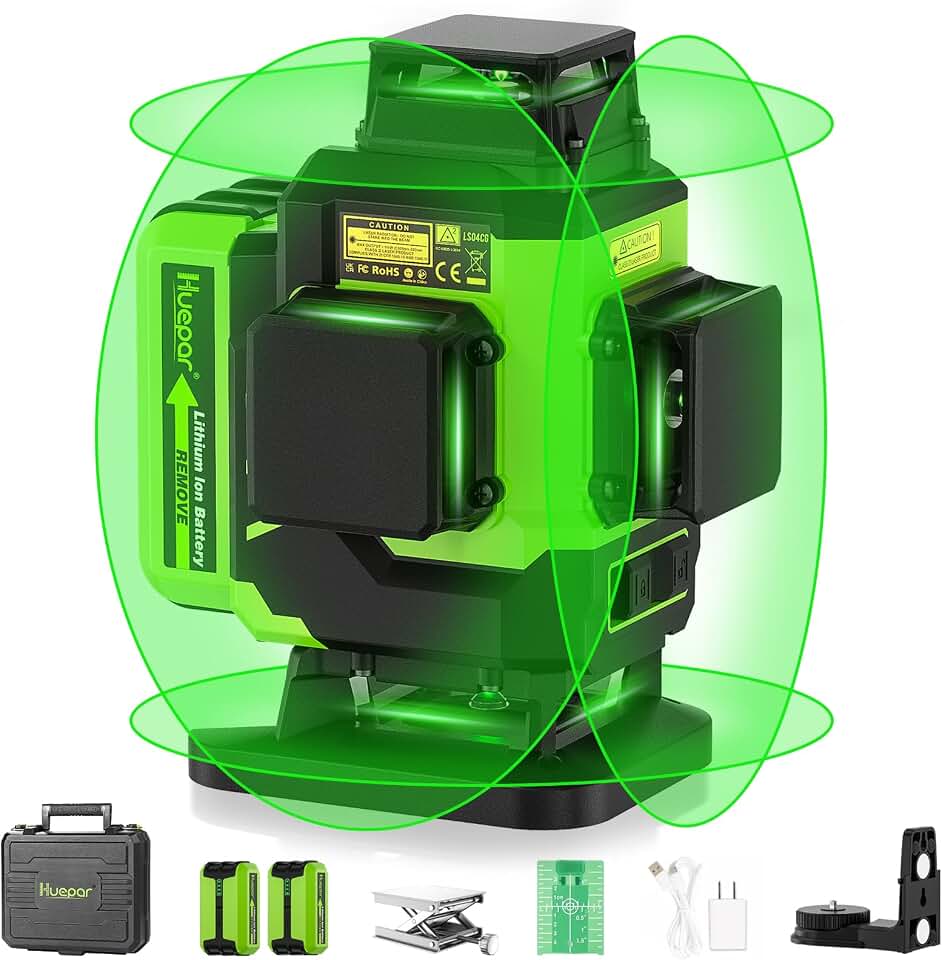 Huepar Laser Level 360 Self Leveling, Rechargeable Green Laser 4x360° Cross Line Lazer Leveler 4D Level Laser Tool for Construction with Two Li-ion Batteries, Magnetic Bracket &amp;Hard Carry Case -LS04CG Global Recycled Standard