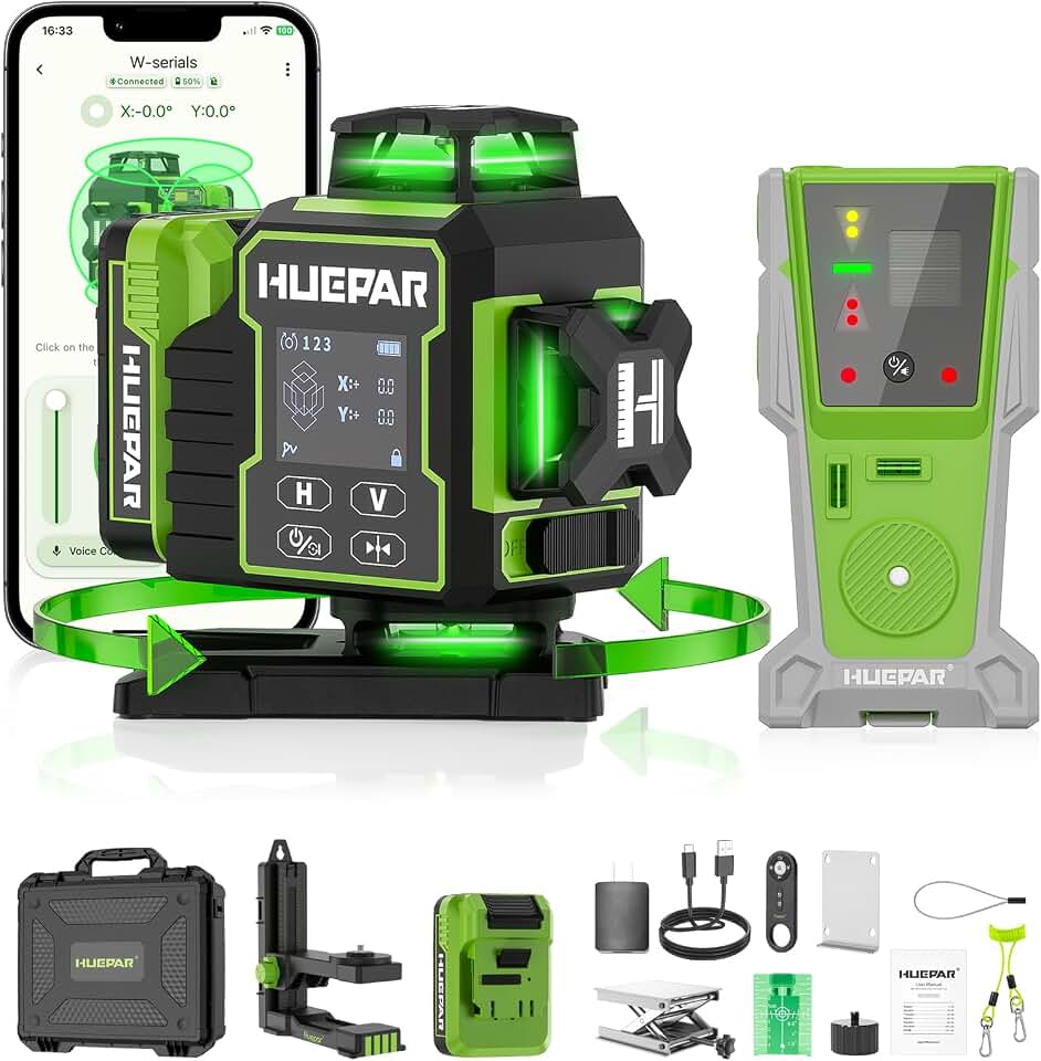 Huepar W04CG 4D Laser Level with Receiver for Outdoor or Longer Distance Use, Up to 400 ft, 4x360° Self Leveling Green Lazer Leveler Tool for Construction, Tiling, Framing, Drop Ceiling, Floor etc. Global Recycled Standard