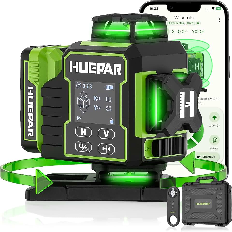 Huepar Laser Level 360 Self Leveling, W04CG Upgraded 4x360° Bluetooth Construction Lazer Leveler Tool with Electric Rotating Base ＆ Large LCD Screen, 4D 16 Lines Green Cross Line Laser Level Global Recycled Standard