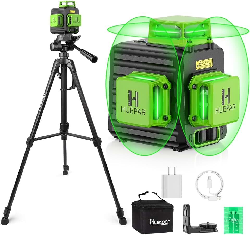 HUEPAR Laser Level 360 Self Leveling with 50" Tripod, 3x360° Laser Leveler | Rechargeable 3D High Brightness Green Laser Level for Construction &amp; Picture Hanging, Strong Magnetic Bracket &amp; Hard Suitcase Global Recycled Standard