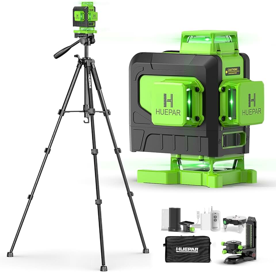 Huepar Laser Level 4x360 Self Leveling with 60" Tall Tripod, 4D Green Cross Line Lazer Leveler Tool with Outdoor Pulse Mode, 16 Lines Great for Tiling, Ceiling, Wall Work &amp; DIY Home Renovation Global Recycled Standard