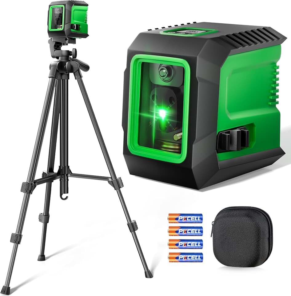 Laser Level with 50” Tripod, 360° Self Leveling Cross Line Laser Level, Green Beam Horizontal and Vertical Line leveler Tool for Hanging Pictures, Home Renovation with 4 AA Batteries &amp; Carry Pouch