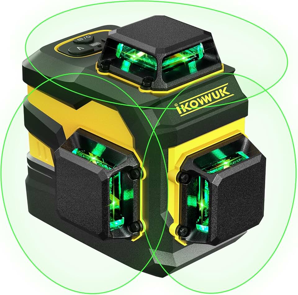 IKOVWUK Laser Level with 12 Green Lines, Built-in 5200 mAh Li-ion Battery | 3×360° Full Coverage, for Construction and Picture Hanging