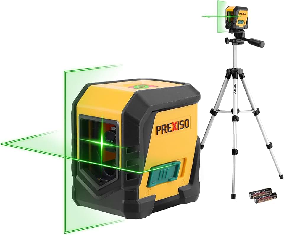 PREXISO Laser Level with Tripod, 65Ft Self Leveling Cross Line Laser Level | 31-1/2 Inch Tripod Green Line Lazer leveler Tool for Hanging Pictures, Home Renovation with LED Indicator &amp; 2 AA Batteries