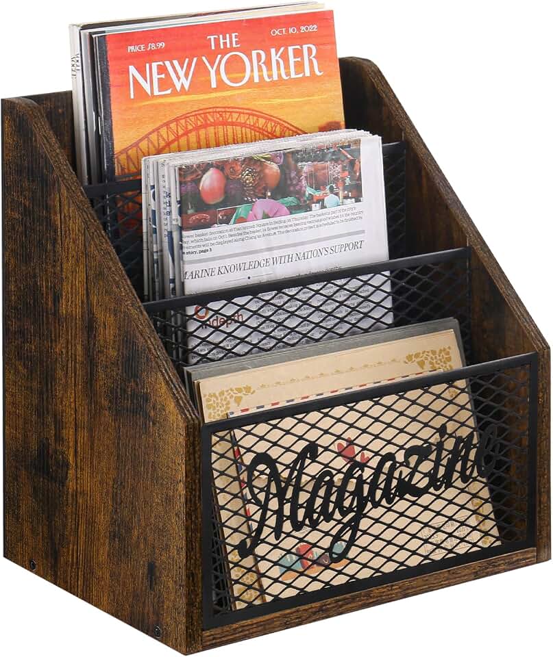YINMIT 3 Tier Magazine Rack, Stepped Magazine Holder Floor for Home Storage | 3 Tier Stepped Design, Wood and Metal Construction, Easy Magazine Display, Book Organizer Basket for Living Room, Office