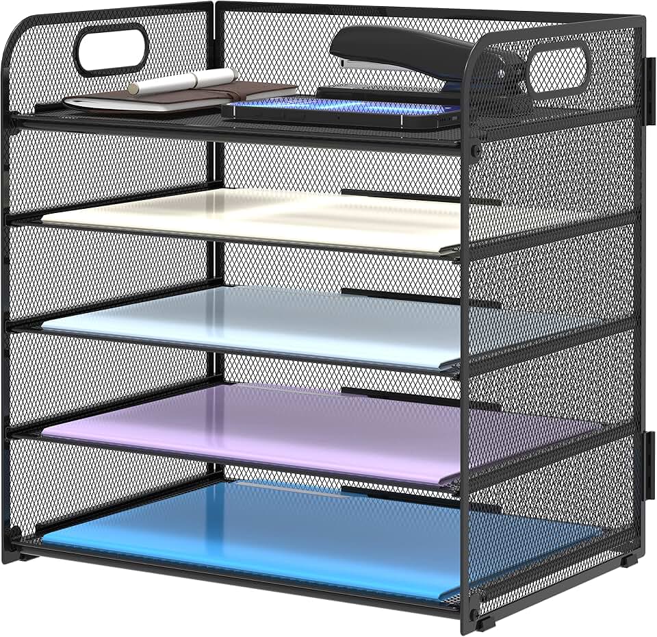Supeasy 5 Trays Paper Organizer Letter Tray with Handle-Mesh Desk File Holders, Paper Sorter Desk Organizer for Office, Home, Classroom or School Recycled Claim Standard Blended