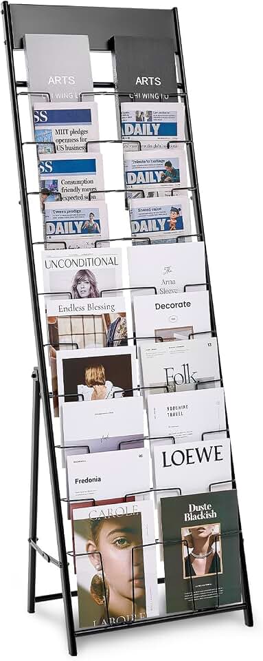 VEVOR Brochure Display Rack, 20 Pockets Magazine Literature Display Stand, Portable Floor Standing Magazine Rack, Metal Newspaper Catalog Holders for Shop, Exhibitions, Office, Standard, Black
