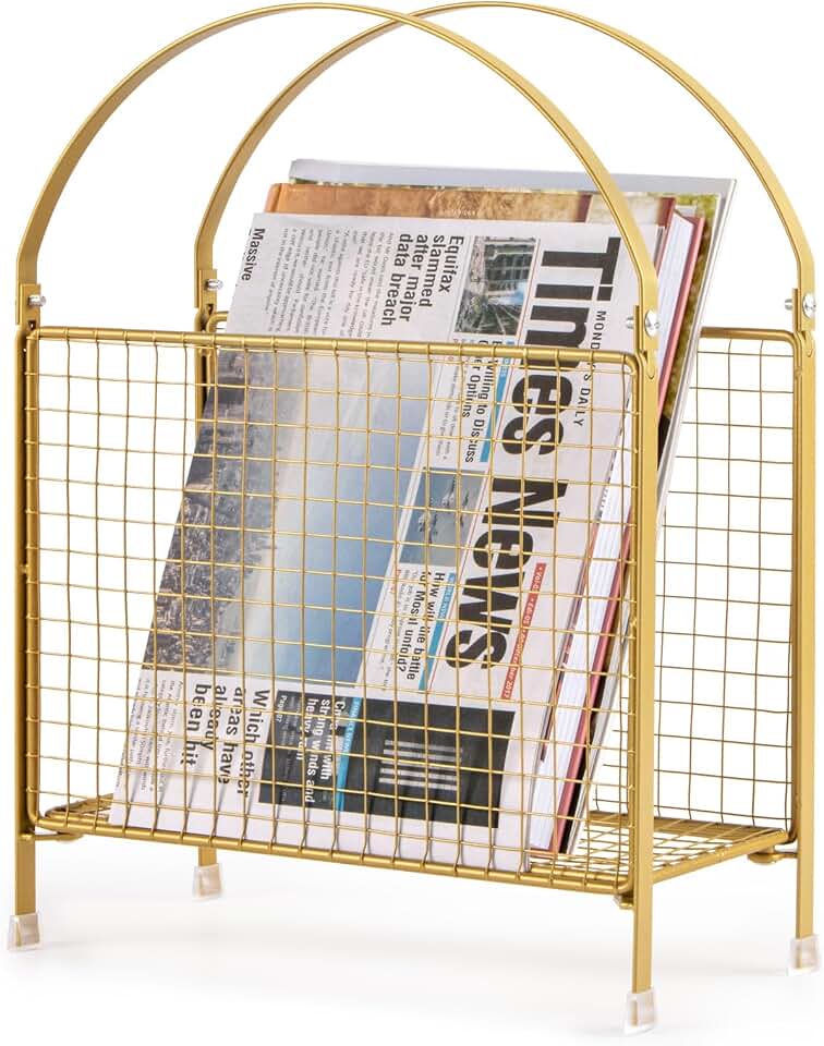 PUERSI Freestanding Magazine Holder, Metal Magazine Rack Floor Stand | Modern Touch Handbag Design, for Magazine, Newspaper, Books, Vinyl Record (Gold)