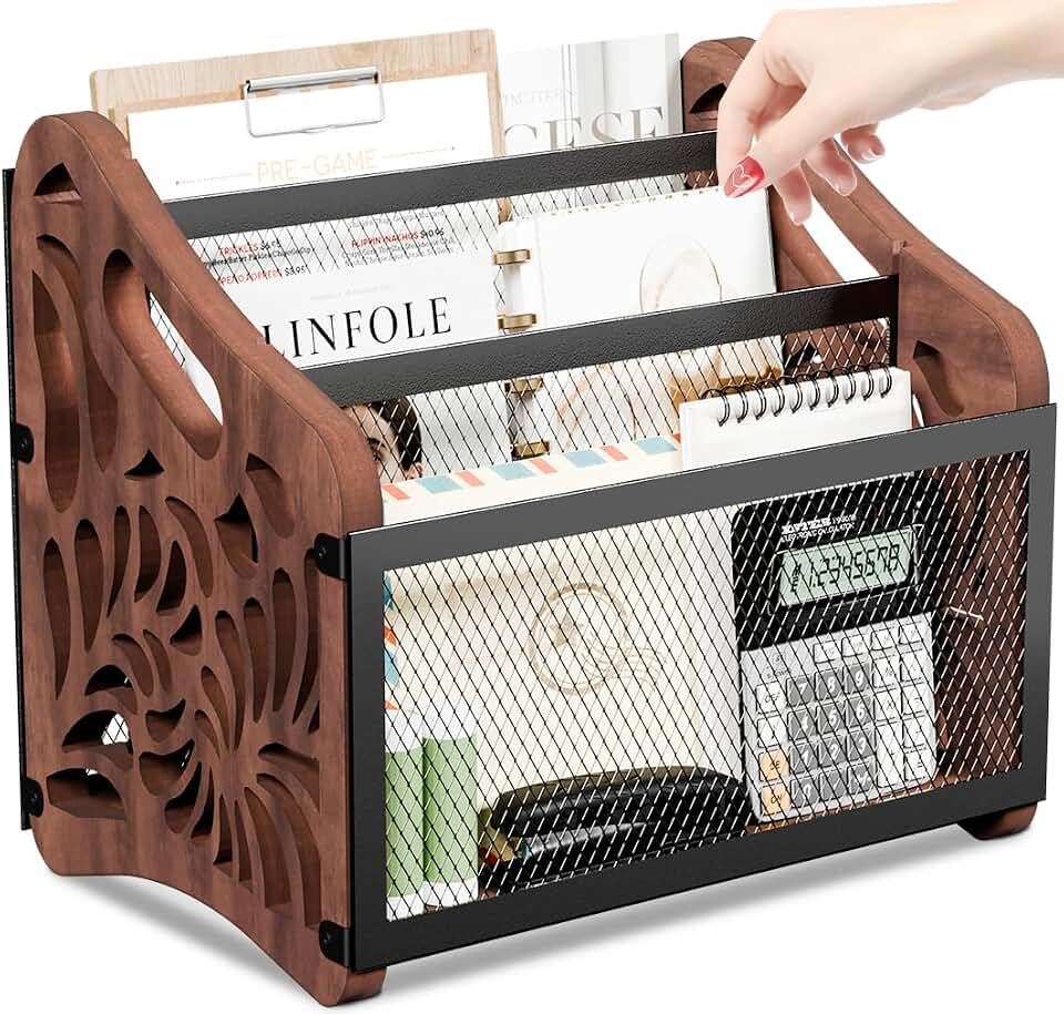 Wood Magazine Holder, 3-Compartment Magazine Rack Floor | Magazines File Holder Organizer,Rustic Magazines Storage Basket for Books,Newspapers,Mails,Files