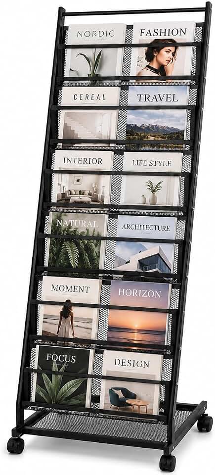 Magazine Rack 6-Tier Display Stand with Wheels, Floor Standing Holder | Brochure Organizer Rack with Back Storage for Trade Shows, Offices, Shops and Public Areas