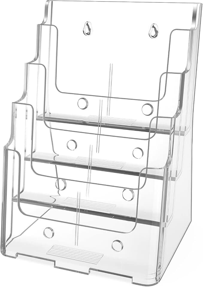 MaxGear 4 Tier Brochure Holder, 8.5 x 11, Removable Divider, 1 Pack | Clear Acrylic Material, Fits 8.5 x 11 Literature or 4 x 9 Brochures, Wall Mount or Countertop, Magazine Stand Display